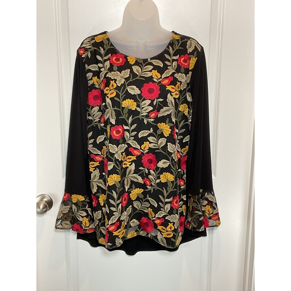 Susan‎ Graver Black Embroidered Floral L Long Sleeve Bell Sleeve Tunic Top Large